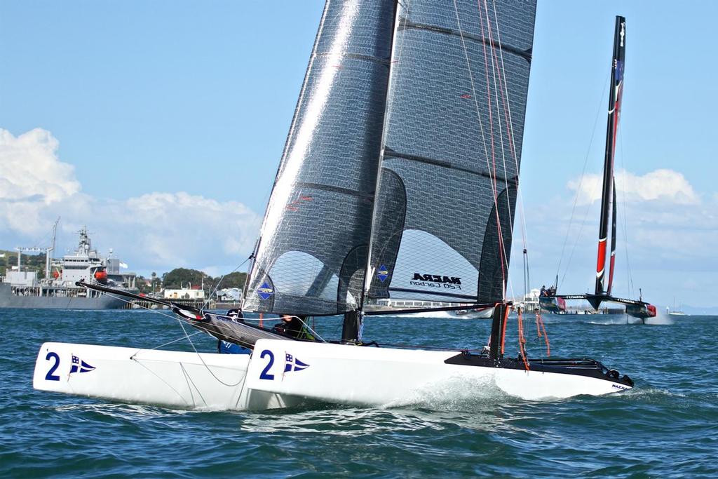 RNZYS Nacra - Dec 6, 2016 as ETNZ roars up from astern © Richard Gladwell www.photosport.co.nz